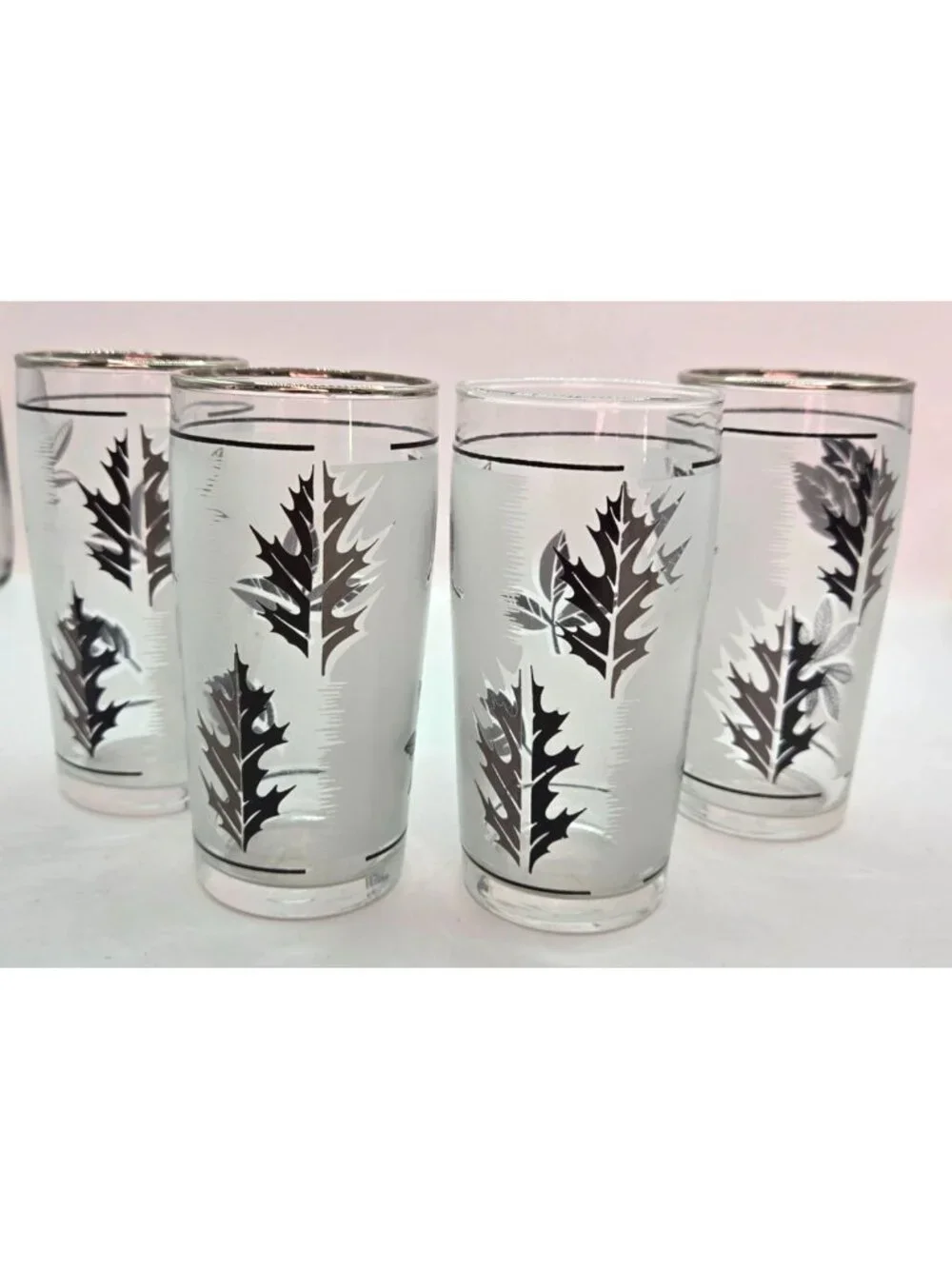 Vtg Silver Leaf Foliage Highball Glasses Metallic Rim 4" Tall Set of 4 MCM - Picture 2 of 6